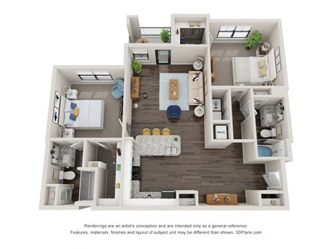Floor plan for 2 beds, 2 baths, 1132 sqft